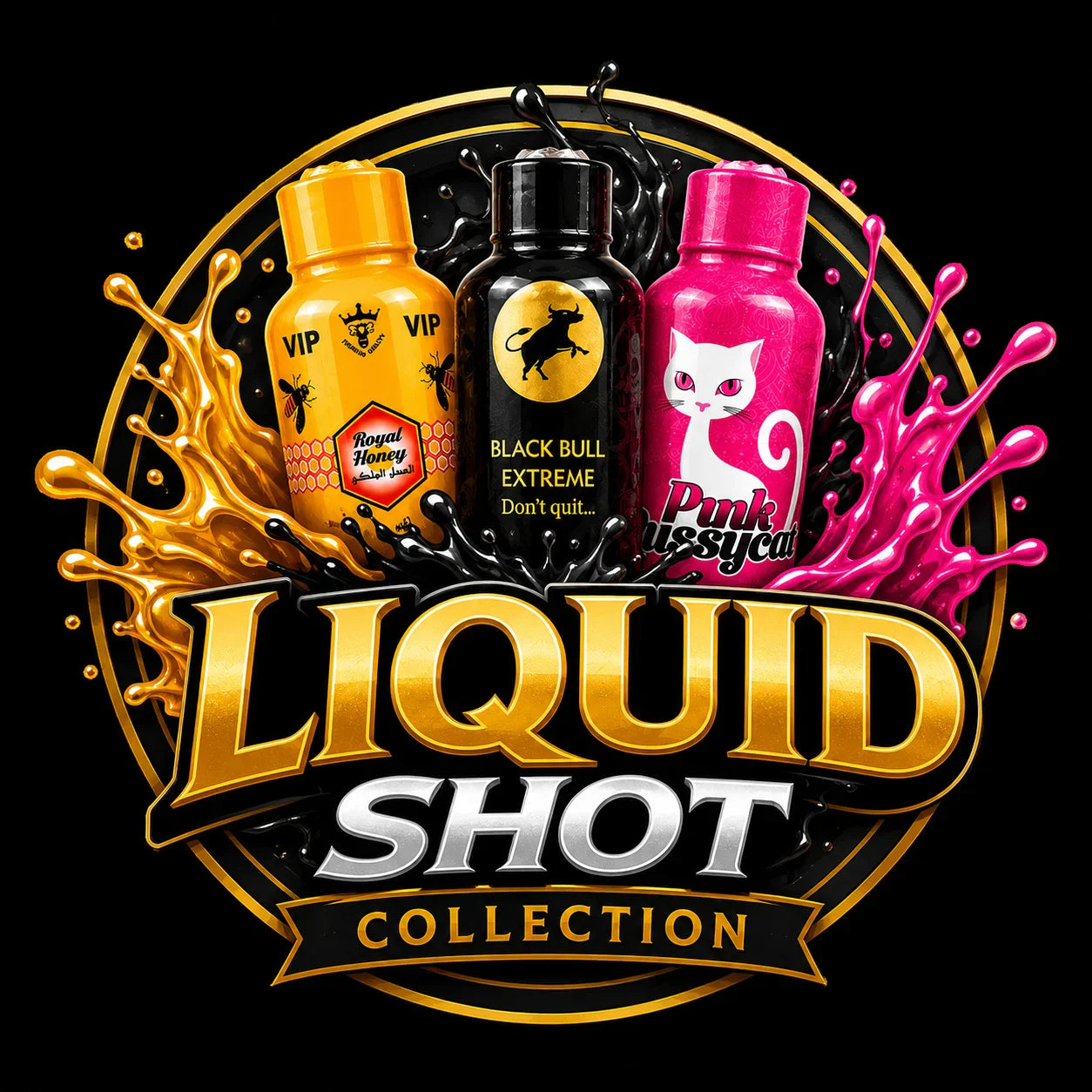 Liquid Shot Collection featuring Royal Honey VIP, Black Bull Extreme and Pink Pussycat premium liquid shots