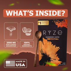 RYZE SUPERFOODS Mushroom Dark Roast Coffee , Instant Coffee with 6 Adaptogenic Mushrooms and Better Energy, Focus, Digestion, Immunity with Lions Mane & Turkey Tail 30 Serving Each