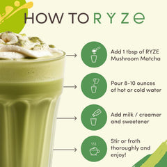 RYZE SUPERFOODS Mushroom Matcha, USDA Organic with 6 Adaptogenic Mushrooms and Ceremonial-Grade Matcha for Energy, Focus, Digestion, Immunity with Turkey Tail, Shiitake, Lion's Mane, 30 servings