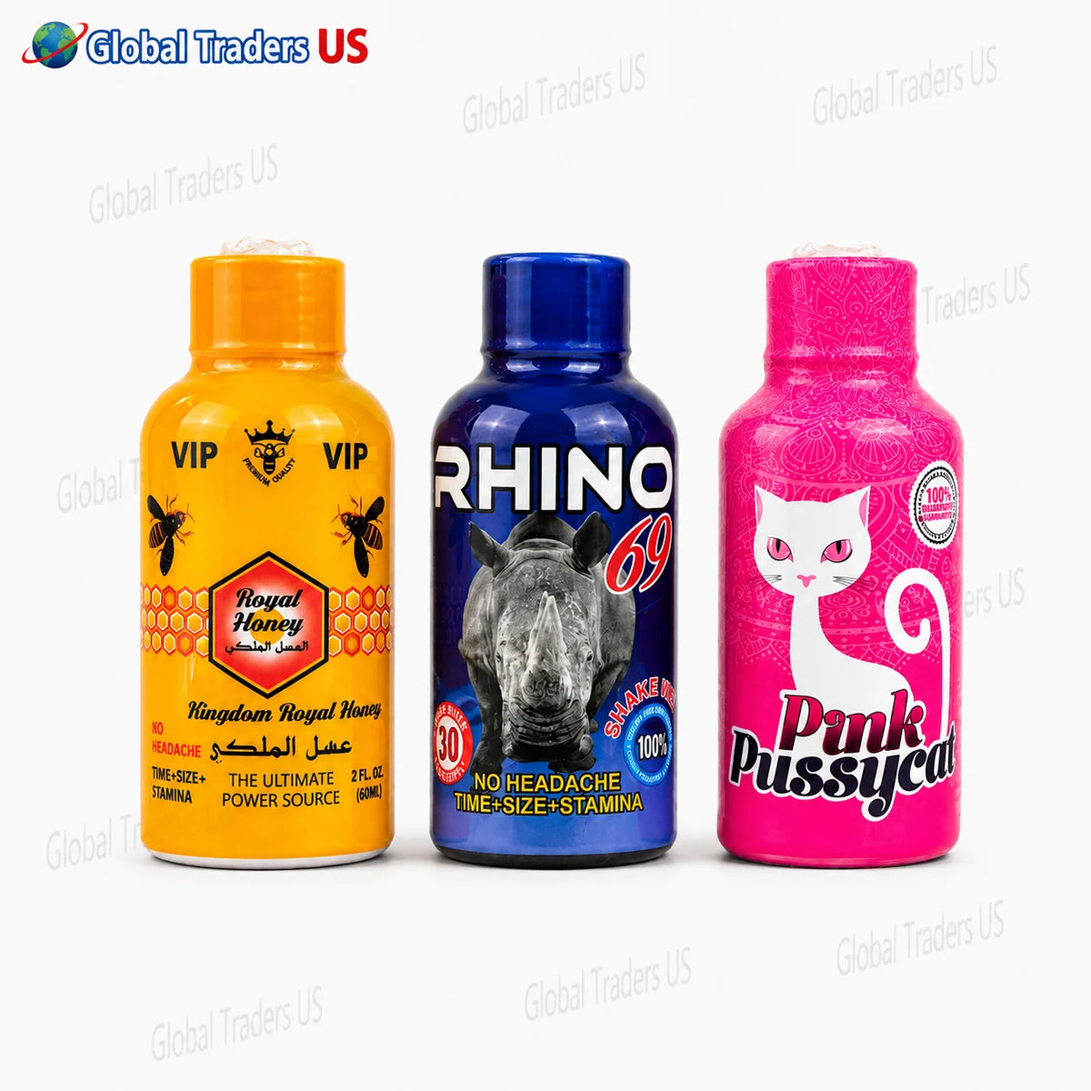 Kingdom Royal Honey, Rhino 69 & Pink Pussycat Liquid Shot Bundle – 3 Pack (2oz Each)